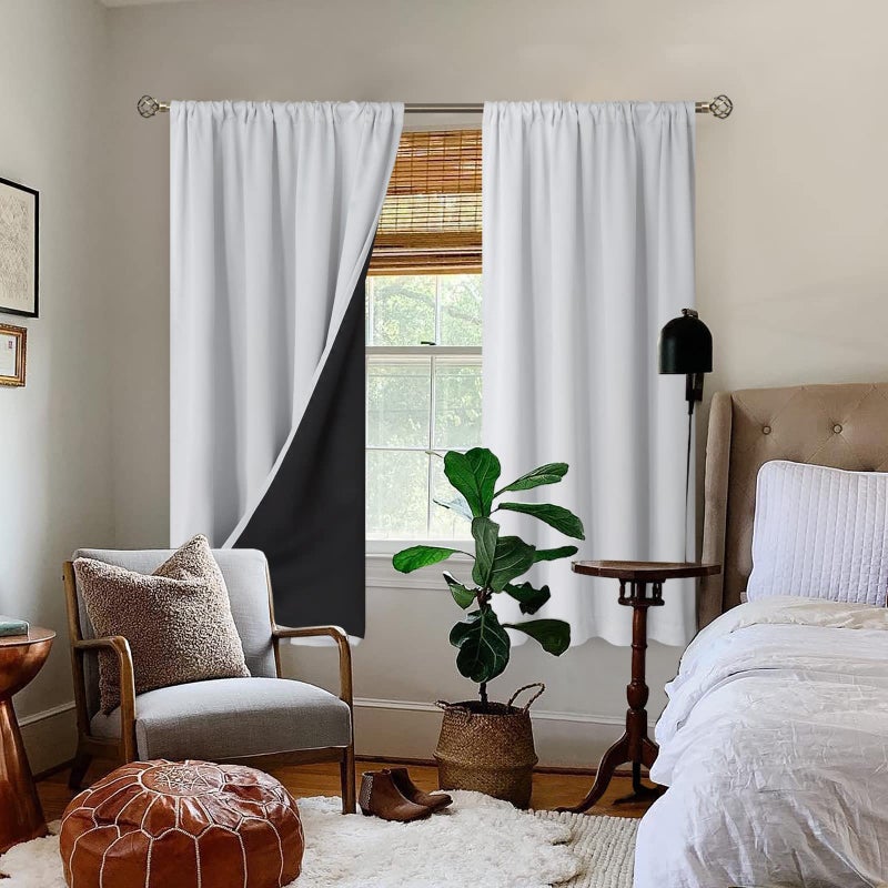 BGment Thermal Insulated 100% Blackout Curtains for Bedroom with Black Liner, Double Layer Full Room Darkening Noise Reducing Rod Pocket Curtain (42 x 63 Inch, Greyish White, 2 Panels) - Image 2